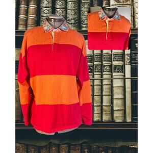 Vintage 90s JCREW Red Orange Striped Floral Collar Preppy Rugby Shirt Size XL